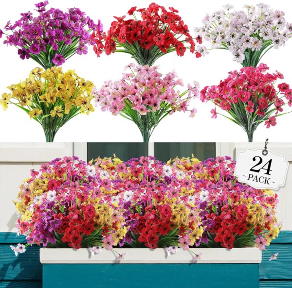 24 Bundles Artificial Flowers for Outdoor